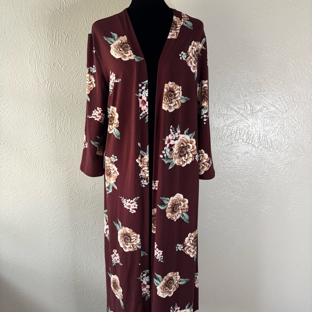 Floral Open Front Duster Cardigan in Burgundy